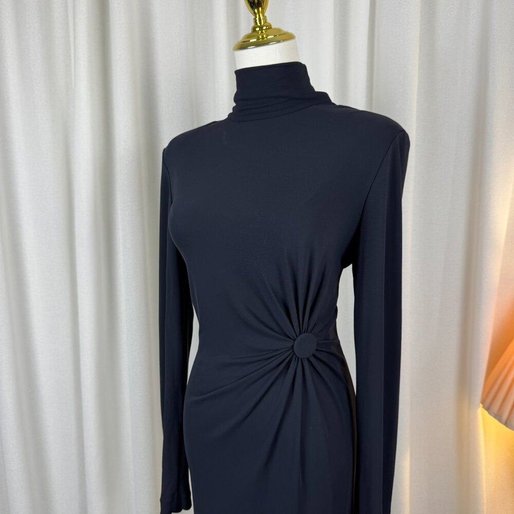 VTG Mock Neck Gathered Waist Exposed Riri Zipper Midi Dress - Picture 6 of 9